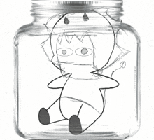 a black and white drawing of a stuffed animal in a jar