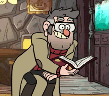 a cartoon character is holding a book in his hand