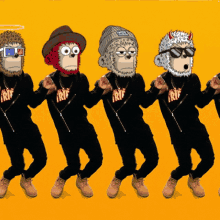 a group of monkeys wearing shirts that say riff are dancing