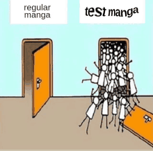 a cartoon shows a group of people trying to get out of a regular manga and test manga door