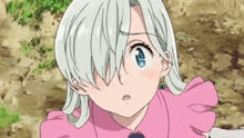 elizabeth from the seven deadly sins is wearing a pink dress and earrings and looking at the camera .