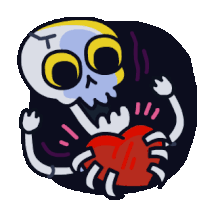 a cartoon illustration of a skeleton holding a red heart