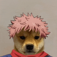 a dog with pink hair and a red scarf around its neck