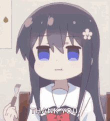 a cartoon girl is holding a fork and saying thank you .