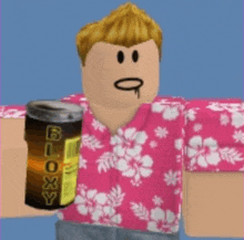 a roblox character in a pink shirt is holding a can of bloxy