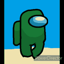 a green among us character is standing on a sandy beach