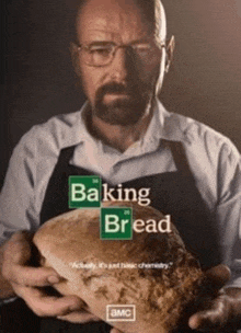 a man in an apron is holding a loaf of bread that says baking bread on it