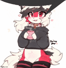 a furry character is holding a cup of coffee in her hands .