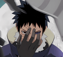 a cartoon character covering his face with his hand and has a blue eye