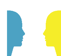 a blue and yellow silhouette of a person 's head against a white background