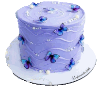 a purple cake with purple butterflies and pearls on it