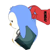 a penguin is carrying a briefcase and a red bag that says monday on it