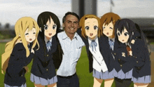 a group of anime girls posing with a man in a suit