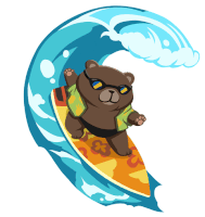 a bear riding a wave on a surfboard