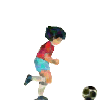 a boy in a red shirt and blue shorts is kicking a soccer ball