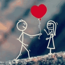 a stick figure is giving a red heart shaped balloon to a stick figure