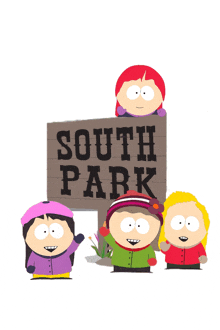 a group of cartoon characters are standing around a sign that says south park