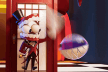 a cartoon character in a top hat stands in a red phone booth