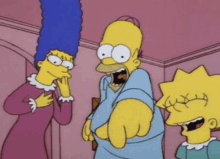 homer simpson is pointing at marge and lisa simpson