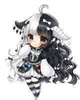 a black and white anime girl with horns and bows on her hair