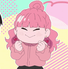a drawing of a girl with pink hair and red heart shaped earrings