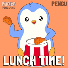 a cartoon of a penguin eating a kfc chicken leg with the words lunch time below it