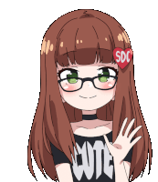 a girl with glasses and a heart that says soc on it