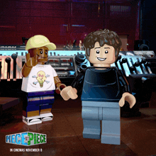 two lego figures are standing next to each other in a scene from piece by piece