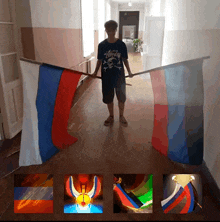 a boy in a stussy shirt is holding a russian flag