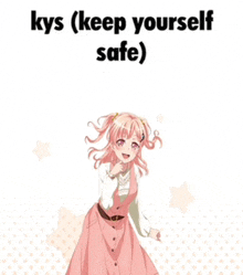 a girl in a pink dress is standing in front of a white background with the words kys ( keep yourself safe ) .