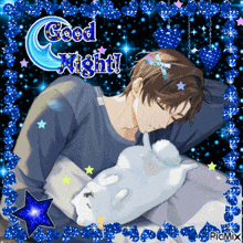 a cartoon of a man sleeping with a stuffed animal and the words good night