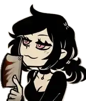 a cartoon girl is holding a bloody cleaver in her hands .