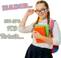 a girl with glasses and a backpack is holding books with the words hadir we are fcd terbaik below her