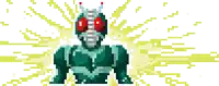 a pixel art drawing of a green robot with red eyes
