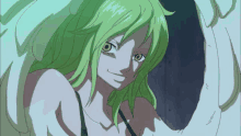 a woman with green hair and white wings looks at the camera