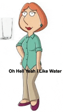 a cartoon character standing next to a glass of water .