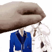 a pixel art of a man in a blue suit and white coat