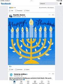 a facebook page with a picture of a menorah and the words happy hanukkah on it