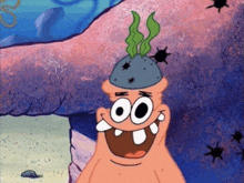 patrick star from spongebob squarepants is wearing a hat with seaweed on it