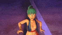 a cartoon character with green hair and a blue vest is standing in front of a purple light .