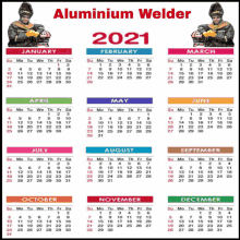 a calendar for the year 2021 with a picture of a welder on it