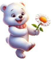 a white teddy bear with a red scarf around its neck is holding a white flower