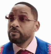 a man with a beard wearing sunglasses and a blue jacket and tie .
