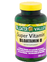 a bottle of bloater valley super vitamin bloatonin b dietary supplement