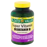 a bottle of bloater valley super vitamin bloatonin b dietary supplement