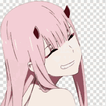 zero two from darling in the franxx with pink hair and horns is smiling .