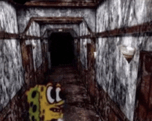 a spongebob squarepants character is standing in a dark hallway .