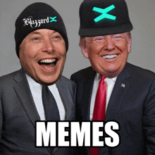 a man wearing a beanie that says hazzard stands next to a man wearing a hat that says x