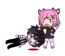 a girl with pink hair is standing next to a boy who is laying on his back