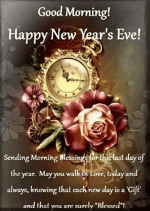 a new year 's eve greeting card with a clock and flowers